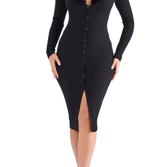 House of CB Dresses & Skirts - House of CB Black Ribbed Bodycon Long Sleeve Mini Dress Women’s Size Small